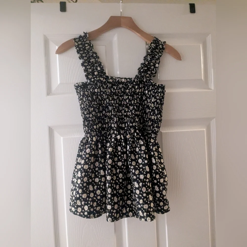 Black and White Floral Smocked Top - Picture 1 of 3
